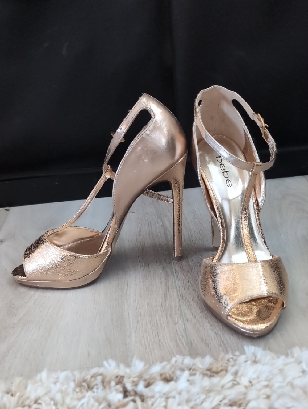 Bebe Rose Gold T-Strap Stiletto Heels